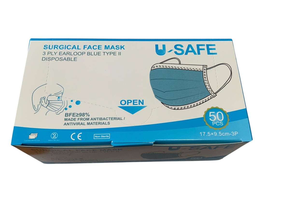U-Safe Type II Surgical Face Masks - 3 Ply with Elastic Loop